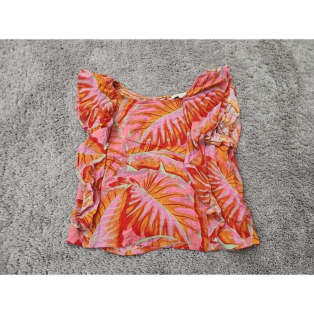 Cynthia Rowley Blouse Womens M Orange Tropical Leaf Ruffle Sleeveless Summer